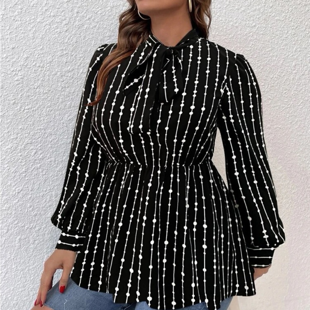 Elegant Geo Print Peplum Blouse with Bishop Sleeves (Black/White)